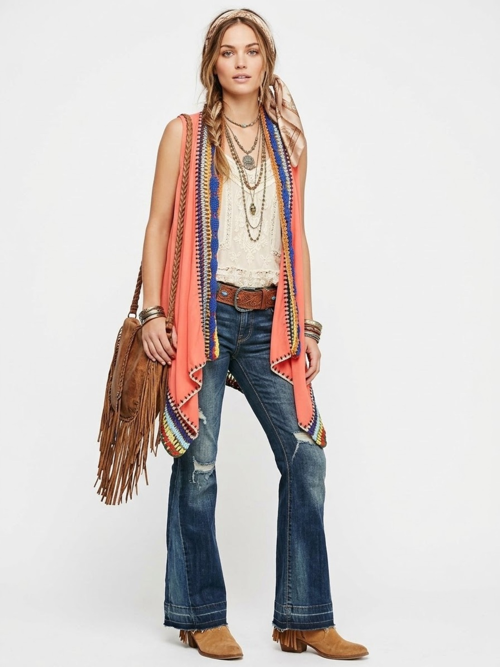 Double Zero $44 P2P 20-22” Draped Rainbow Crochet Trim Asymmetrical Hem Vest M
